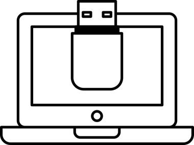 İçinde USB bellek olan bir dizüstü bilgisayarın siyah beyaz görüntüsü. Teknoloji kavramı ve günümüz dünyasında bağlanabilirliğin önemi