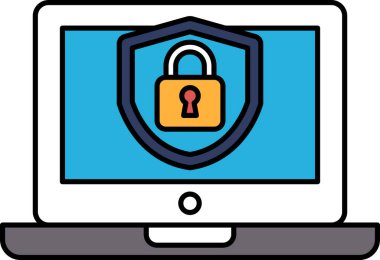 Mavi arka planı ve sarı kilidi olan bir bilgisayar ekranı. Kilit ekranda ve laptop açık. Kilit, güvenlik ve korumanın sembolüdür.