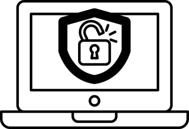 Üzerinde kilit olan bir dizüstü bilgisayarın siyah beyaz görüntüsü. Kilit açık ve dizüstü bilgisayar kapalı. Güvenlik ve koruma kavramı