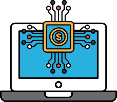 Üzerinde dolar işareti ve kablolar olan bir bilgisayar ekranı. Dolar işareti bir sürü kabloyla çevrili, hepsi de dolar işaretine bağlı. Para ve teknoloji kavramı