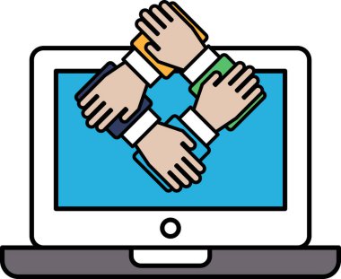 Bir dizüstü bilgisayar ekranında dört elin bir meydanda el ele tutuştuğunu gösteriyor. Birlik ve işbirliği kavramı