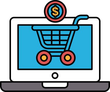 Dizüstü bilgisayar ekranında üzerinde dolar işareti olan bir alışveriş arabası var. Araba bir kitap, bir şişe ve bir bozuk para da dahil olmak üzere çeşitli eşyalarla dolu. Alışveriş ve para harcama kavramı
