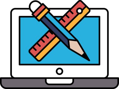 Üzerinde kalem ve cetvel olan bir dizüstü bilgisayar ekranı. Kalem ve cetvel bir resim çizmek için kullanılıyor.