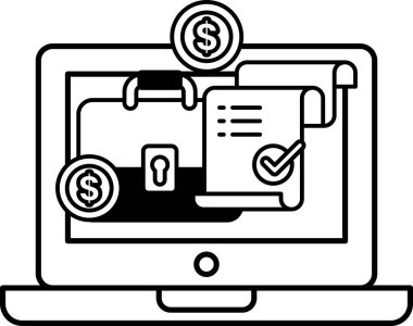 Bir dizüstü bilgisayar ekranında içinde anahtar ve bir yığın banknot olan bir evrak çantasının siyah beyaz görüntüsü var. Finansal güvenlik kavramı ve birinin değerli eşyalarını güvende tutmasının önemi.