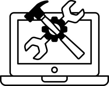 Üzerinde çekiç ve anahtar olan bir dizüstü bilgisayarın siyah beyaz görüntüsü. Bir şeyi tamir etme ya da tamir etme kavramı, muhtemelen bir bilgisayar ya da bir cihaz. Sahne ciddi ve odaklı.