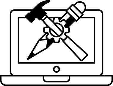 Üzerinde çekiç ve kalem olan bir dizüstü bilgisayar resmi. Bir şey yaratmak veya düzeltmek için araç kullanma kavramı