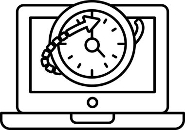 Elleri 12 numarayı işaret eden siyah beyaz bir saat çizimi. Saat dizüstü bilgisayar ekranında.