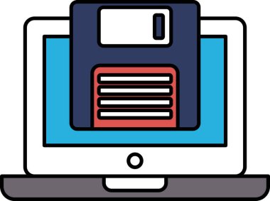 Bir bilgisayar monitörü disket gösteriyor. Bu resim bir dizüstü bilgisayarın. Laptop açık ve disket ekranda.