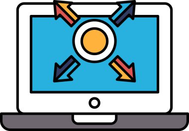 Mavi arka planı olan bir bilgisayar monitörü ve dört oklu beyaz bir daire. Çember turuncu ve siyah bir sınırı var.