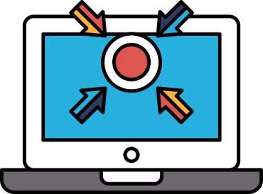 Ortasında kırmızı bir daire ve onu gösteren oklar olan bir bilgisayar monitörü. Odaklanma ve dikkat kavramı, kırmızı çember ve oklar izleyicinin gözünü ekranın ortasına çekerken