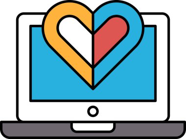 Bir kalp dizüstü bilgisayar ekranında çizilir. Kalp mavi ve kırmızıdır, ortasında sarı vardır. Kalp beyaz bir çerçeve ile çevrilidir.