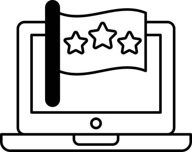 Üzerinde bayrak ve üç yıldız olan bir dizüstü bilgisayar. Bayrak açık ve yıldızlar ekranın ortasında.