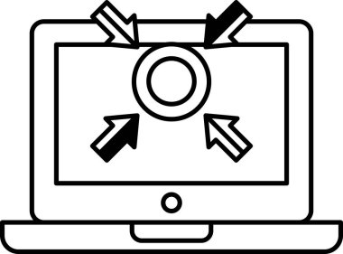 Üzerinde daire olan bir dizüstü bilgisayarın siyah beyaz görüntüsü. Çember farklı yönleri gösteren oklarla çevrili. Çeşitli görevler için kullanılan bilgisayar veya dizüstü bilgisayar kavramı