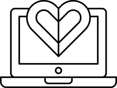 İçinde kalp olan bir laptop. Kalp ekranın merkezindedir ve bir dikdörtgenle çevrilidir. Kalp siyah ve beyazdır ve dikdörtgen de siyah ve beyazdır. Laptop açık.