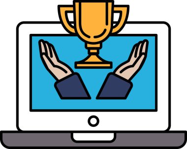 Bir dizüstü bilgisayar ekranında iki elin kupa tuttuğunu gösteriyor. Başarı ve başarı kavramı