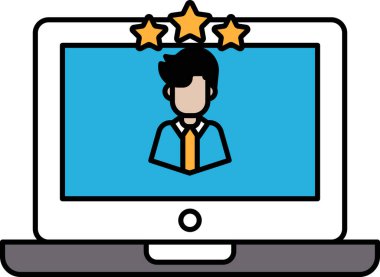 Bir dizüstü bilgisayarda üç yıldızlı bir adam görülüyor. Başarı ve başarı kavramı