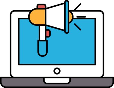 Üzerinde büyük kırmızı ve sarı bir megafon olan bir laptop ekranı. Megafon ekranı gösteriyor, sanki izleyicinin dikkatini çekmeye çalışıyor gibi. Laptop açık ve ekran mavi.