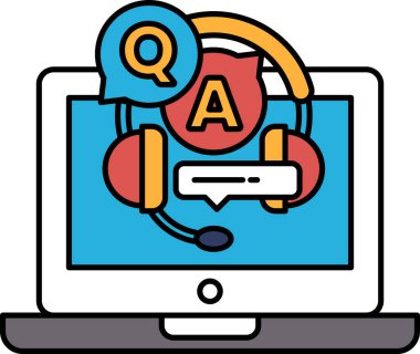 Üzerinde kırmızı ve turuncu kedi ve soru-cevap harfleri olan bir laptop ekranı. Kedi kulaklık takıyor ve biriyle konuşuyor. İletişim ve bağlantı kavramı