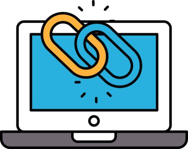 Ortasında bağlantı olan bir dizüstü bilgisayar ekranı. Bağlantı turuncu ve mavi.