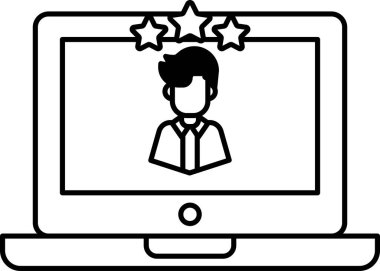 Başında yıldız olan bir adam dizüstü bilgisayarında gösteriliyor. Başarı ya da başarı kavramı, çünkü büyük ihtimalle yaptığı iş için takdir görüyor ya da övgü görüyor.