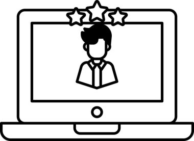 Dizüstü bilgisayarında üç yıldızlı bir adam görülüyor. Yıldızlar olumlu geri bildirim ya da tanıma olarak başarı ya da başarı kavramı. Adamın kıyafeti, kravat da dahil.