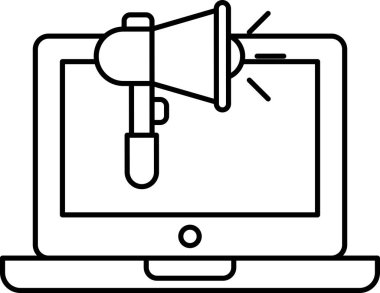 Üzerinde megafon olan bir laptop ekranı. Megafon ekranı göstererek, gösterilen içeriğin önemini vurguluyor. Laptop açık.