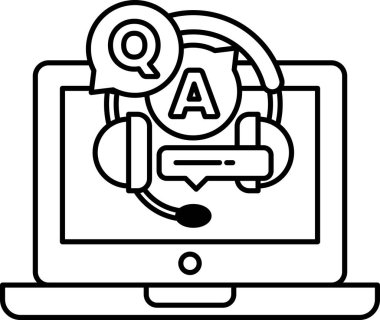 Üzerinde kulaklık ve soru-cevap harfleri olan bir laptop. Dizüstü bilgisayar ekranda soru-cevap harfleriyle iki kişi arasında geçen bir konuşmayı gösteriyor.