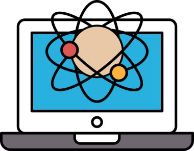 Bir dizüstü bilgisayar ekranında, etrafında daireler çizen bir gezegen görülüyor. Çizim, büyük, yuvarlak bir vücudu ve etrafını çevreleyen daha küçük dairesel nesneleri olan bir gezegenin çizimi.