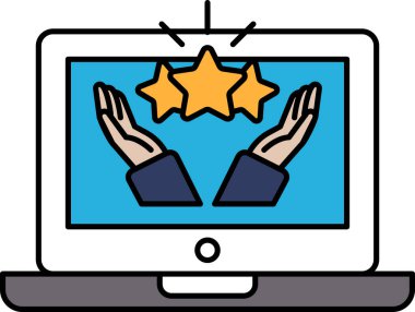 Bir dizüstü bilgisayar ekranında iki elin üç yıldız tuttuğunu gösteriyor. Yıldızların başarı ya da tanınmayı temsil ettiği gibi, pozitiflik ve başarı kavramı. Eller desteği ve teşvikleri simgeler.