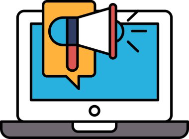 Üzerinde büyük kırmızı ve mavi bir megafon olan bir laptop ekranı. Megafon bir konuşma baloncuğuna işaret ediyor ve şöyle diyor: 