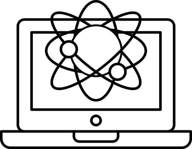 Siyah arkaplanı olan bir dizüstü bilgisayarın siyah beyaz çizimi. Laptop, çemberin içindeki siyah bir yıldızın ana hatlarıyla çevrili.