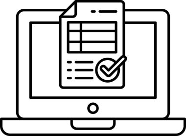 Bir parça kağıdın üzerinde kontrol işareti olan bir dizüstü bilgisayarın siyah beyaz görüntüsü. Tamamlanan ya da onaylanan bir görev kavramı