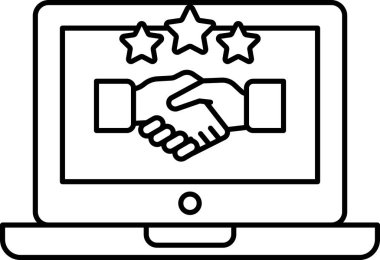 El sıkışma sembolü ve üç yıldızlı bir laptop ekranı. İşbirliği ve başarı kavramı