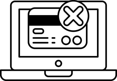 Üzerinde kart ve X harfi olan bir dizüstü bilgisayarın siyah beyaz görüntüsü. Kartın reddedilmesi veya onaylanmaması