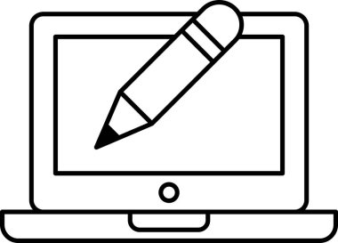 Bir dizüstü bilgisayarda bir kurşun kalem çizilir. Kalem keskinleştirildi ve yazmaya hazır. Dizüstü bilgisayar ekranı siyah beyaz