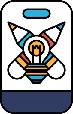 Üzerinde ampul ve kalemler olan renkli bir çıkartma. Etiket mavi, kırmızı ve sarı.