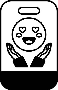 Elinde iki el olan gülümseyen bir yüzün siyah beyaz görüntüsü. Üzerinde kalp olan bir telefon kılıfı resmi.