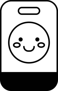 Telefona gülen bir yüz çizilir. Yüzü gülüyor ve mutlu bir ifadesi var. Telefon siyah beyaz.