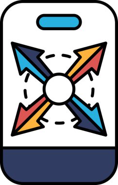 Farklı yönlere bakan dört oklu bir telefon. Oklar farklı renk ve boyutlarda. Telefon beyaz ve mavi.