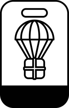 Üzerinde bir kutu olan bir paraşütün siyah beyaz görüntüsü. Macera ve heyecan kavramı