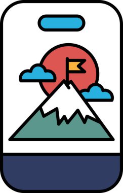 Tepesinde bayrak, arkasında güneş olan bir dağ. Bayrak kırmızı ve beyaz.