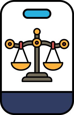 Üzerinde tartı olan bir telefon kılıfı. Terazi mavi ve beyaz arkaplan ile dengelenmiştir.