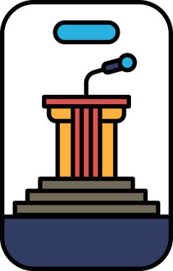 Podyumun üstünde bir mikrofon var. Podyum bir dizi basamağın üstünde.