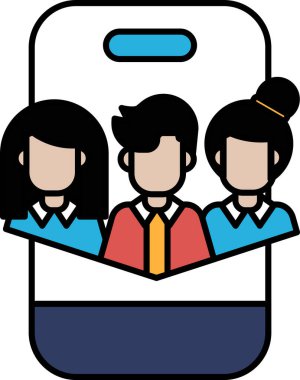 Bir grup insan bir telefon ekranında, kravat takan bir kişiyle gösteriliyor. Profesyonellik ve işbirliği kavramı