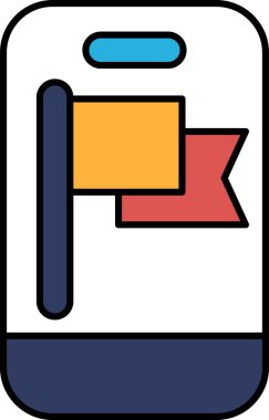 Üzerinde bayrak olan bir telefon. Bayrak kırmızı ve sarı. Telefon mavi ve beyaz.