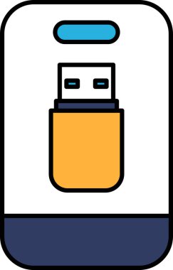 Kenarında USB girişi olan bir telefon. USB girişi sarı ve turuncu. Telefon beyaz.