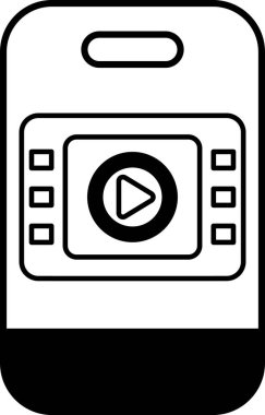 Üzerinde video olan bir cep telefonunun siyah beyaz görüntüsü. Video ekranın ortasında ve sağ tarafında bir çalma düğmesi var. Telefon dikdörtgen şeklinde ve siyah.
