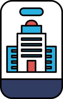 Telefon ekranında bir bina gösteriliyor. Bina uzun ve kırmızı bir kapısı var. Bina mavi bir çerçeve ile çevrilidir.