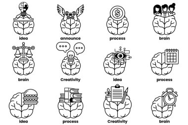 Beyin konseptinde bir dizi çizim ve sanat tarzında şeyler.
