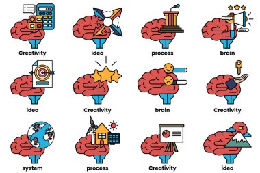 Beyin konseptinde bir dizi çizim ve sanat tarzında şeyler.